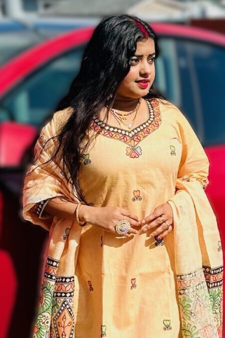 Light Orange Color Madhubani Hand painted  Salwar Suit Dupatta Set(Fabric: Cotton)