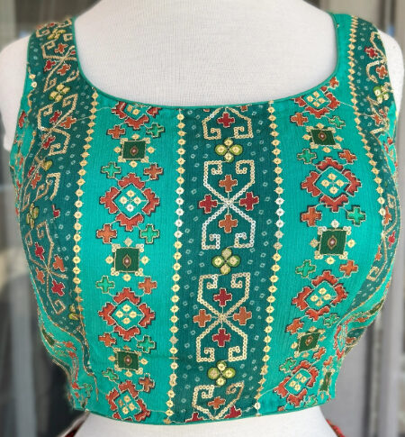 Teal Color with flower design Sleeveless Stitched Blouse