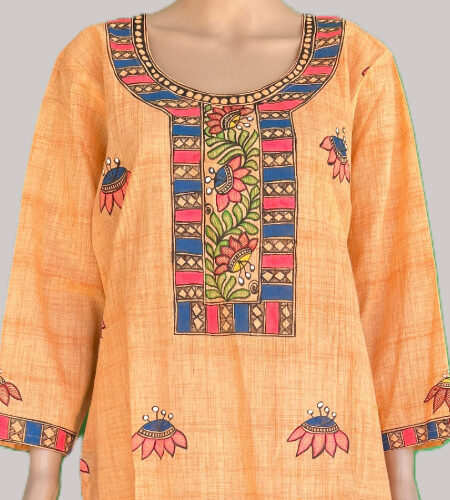 Light Orange Color Madhubani Hand painted  Kurti (Fabric: Cotton)