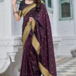 Wine Silk Saree with Golden Border (Round Motifs)