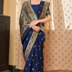 Navy Blue Silk Saree with Grey Floral Border