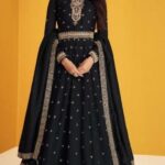 Black color with intricate gold embroidery and beadwork Anarkali-style gown
