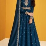 Blue color with intricate gold embroidery and beadwork Anarkali-style gown