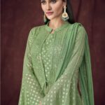 Green  full-length sleeves and matching dupatta, and golden embroidery lehenga
