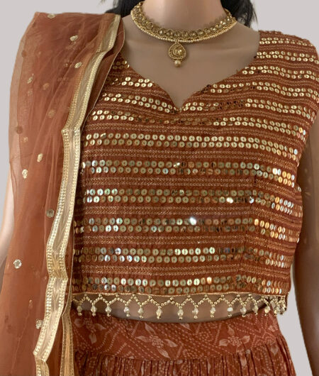 Rich earthy brown color and golden accents lehenga