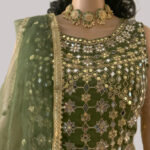 Deep mustard yellow and muted olive green lehenga