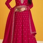 Red Anarkali suit with embroidery and flared skirt