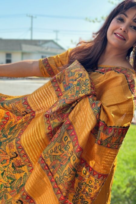 Mustard Color Madhubani Hand painted (Ram Sita) Silk Saree with Stitched Blouse