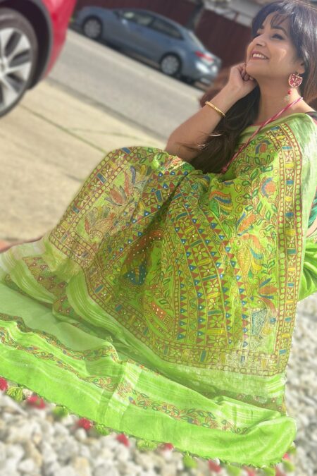 Parrot green color Madhubani Hand painted Lenin Fabric Saree with Stitched Blouse (Blouse Size=38)