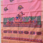 Dark Pink Color Madhubani Hand painted  Lenin Fabric Saree with Stitched Blouse (Blouse Size=36)