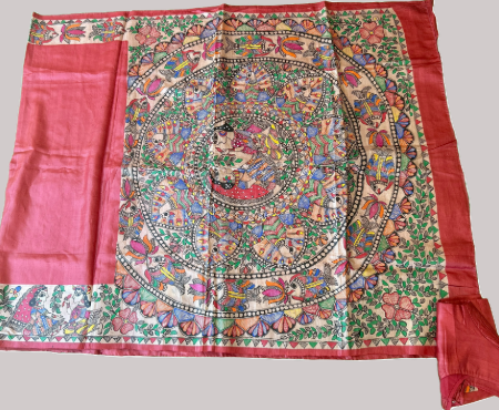 Red Color Madhubani Hand painted Silk Saree with Stitched Blouse (Blouse Size=40)