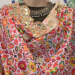 Pink Base lightweight printed multicolored flower and golden embroidery on edges