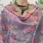 lavender dupatta with a delicate floral print and gold embroidery