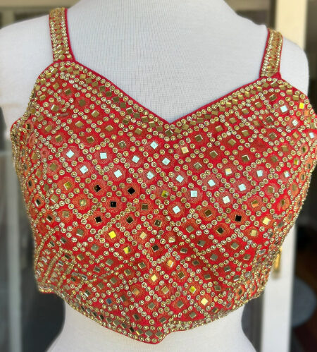 Red Color Noodle strap Stitched Blouse with golden mirror work
