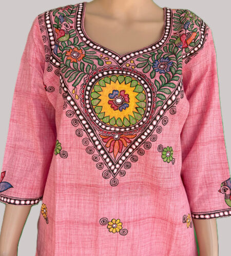Light Pink Color Madhubani Hand painted Kurti (Fabric: Cotton)