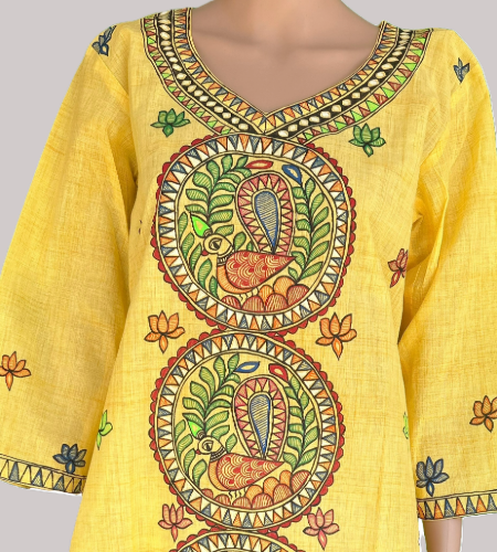 Yellow Color Madhubani Hand painted Kurti (Fabric: Cotton)