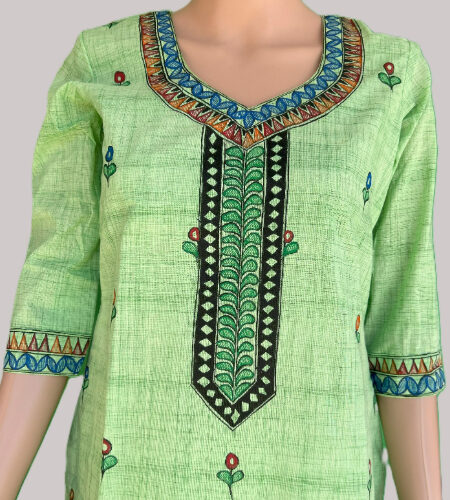 Light Green Color Madhubani Hand painted Kurti (Fabric: Cotton)