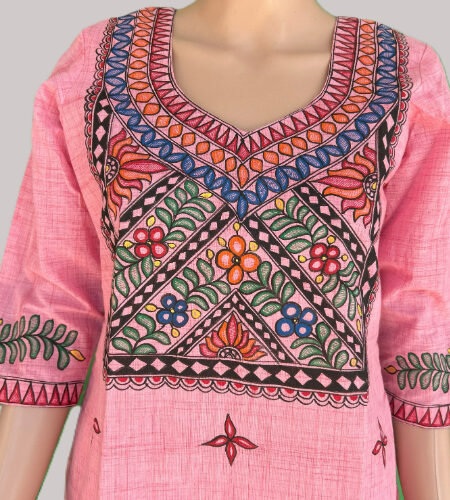 Light Pink Color Madhubani Hand painted Kurti (Fabric: Cotton)