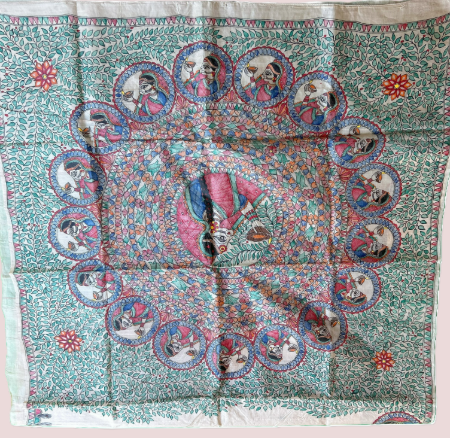 Natural Tussar Color Madhubani Hand painted Silk Saree with Stitched Blouse (Blouse Size=36)