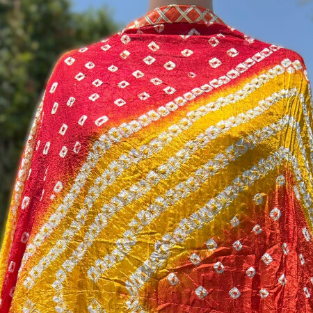 Yellow Color Jaipur printed Bandhani art Silk Dupatta with Gota Border & Latkans
