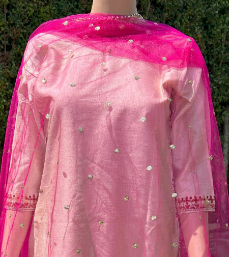 Net dupatta with golden lace and bead work around border