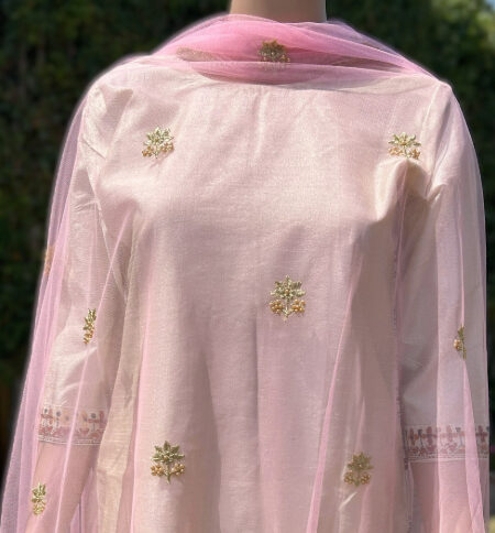 Net dupatta with golden floral and bead work around border