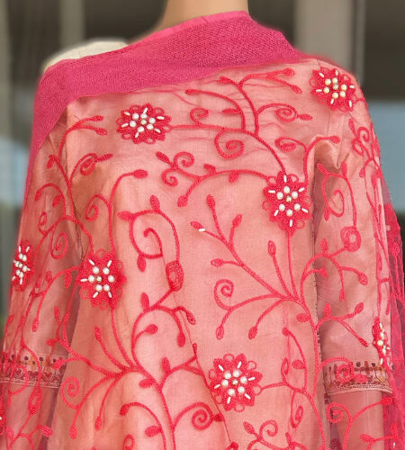 Net Dupatta with floral and spiral embroidery and white bead work