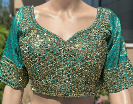 Teal Color Mirror work 6' Sleeve Stitched Blouse
