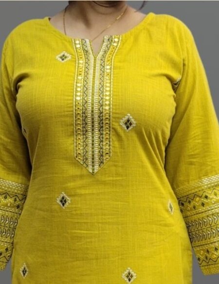 Mustard Color Cotton Slub Fabric Embroidered Kurti