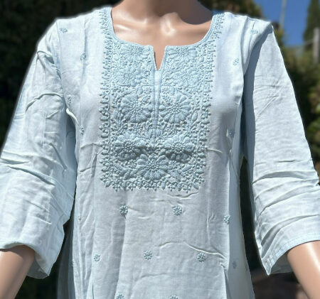 Sky Blue Color Chickenkari Cotton Fabric Tunic