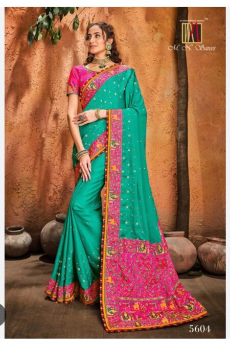 Mirror Work Green Saree with Pink Blouse