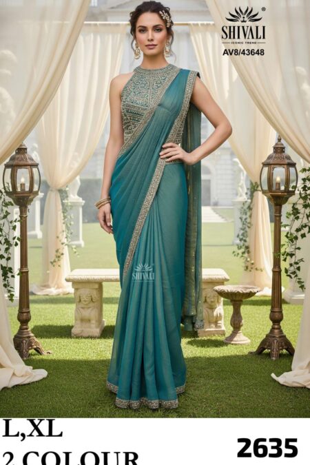 Teal Ready Wear Saree with Stitched Blouse - L, XL